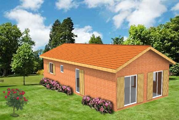 Maison à ossature bois plain-pied teck / en kit / surface habitable 89.40 m² / surface brute 104.39 m² / toit double pente_0