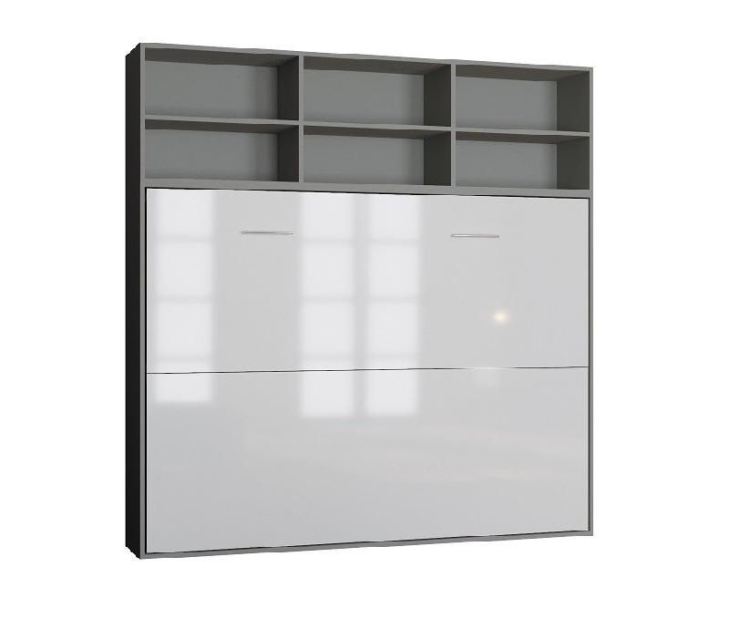 Armoire Lit Escamotable Horizontale STRADA-V2 Gris/Blanc Mat - Façade Blanc Brillant - 2 Colonnes - Couchage 140x200 cm_1