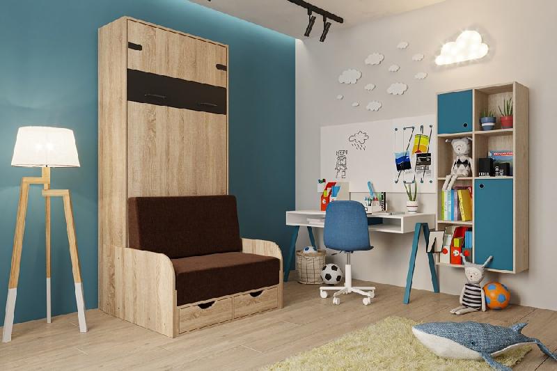 Lit escamotable industriel KEY SOFA - accoudoirs chêne - canapé avec tiroirs marron - couchage 90x200 cm_1