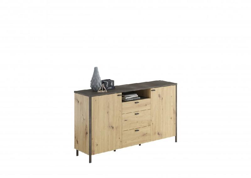 Buffet industriel INOUI - finition chêne artisan et acier, 2 portes, 3 tiroirs, niche ouverte_1