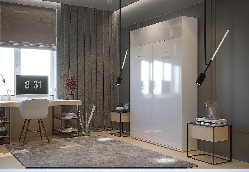 Armoire lit escamotable Dynamo - Blanc mat et brillant effet miroir - 140x200 cm avec sommier lattes_1