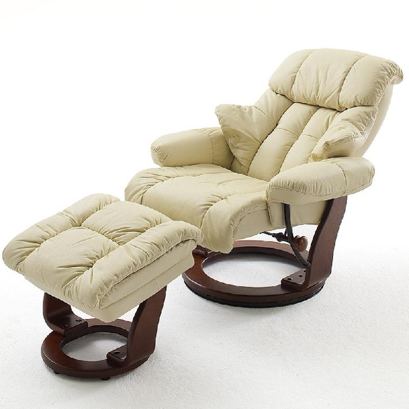 Fauteuil relax CLAIRAC - cuir crème - pied en bois noyer - avec repose-pied - inclinable à 135° et pivotant à 360°_1