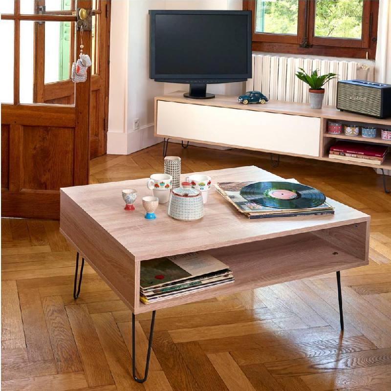 Table basse design scandinave Lackberg - chêne naturel - structure en panneaux mélaminés et piétement en métal_1