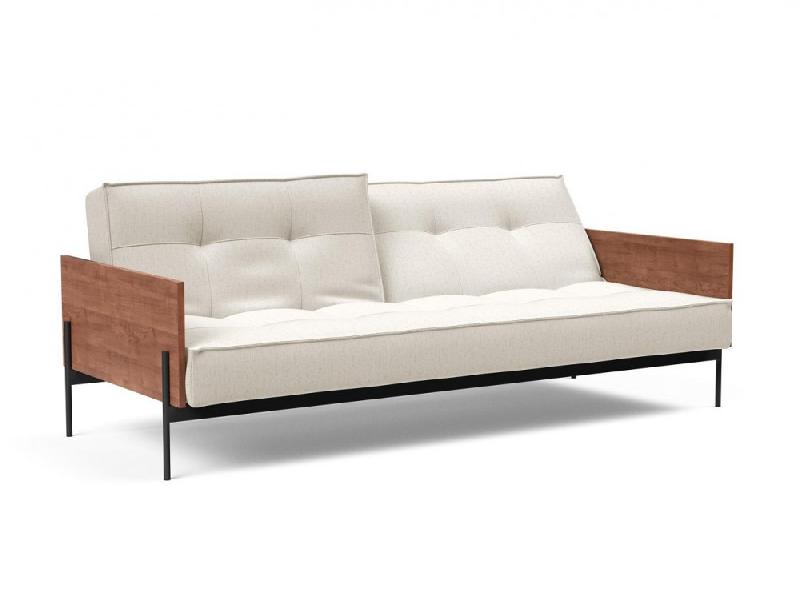 Canapé-lit Innovation Living Splitback Lauge - Convertible 115x210 cm - Tissu Bouclé Off White - Accoudoirs Noyer_1