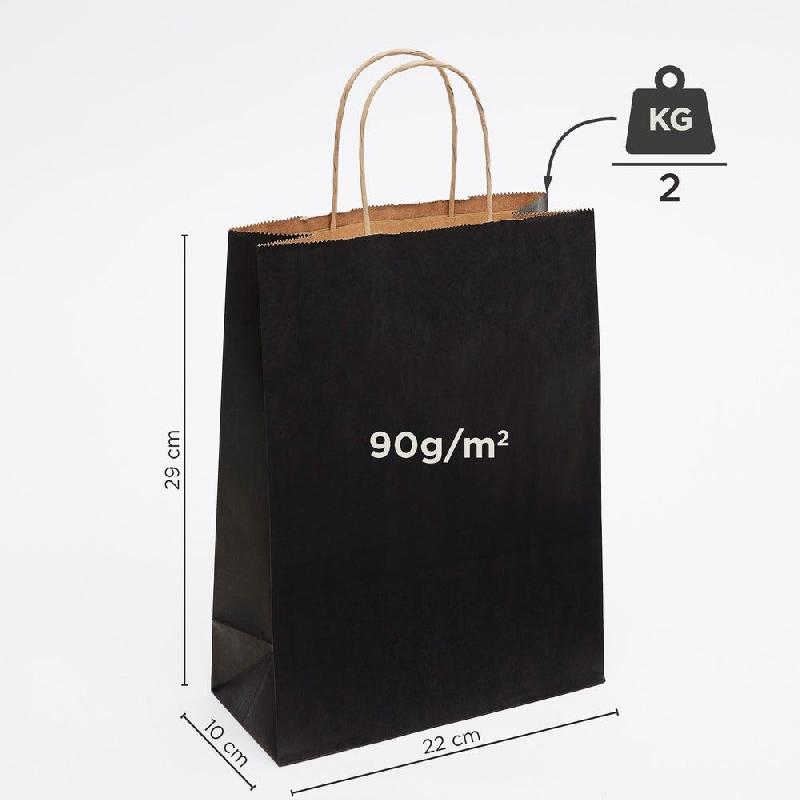 Sac kraft lisse noir poignées torsadées 22x10x29cm - par 50 - papier kraft naturel 90gr/m²_1