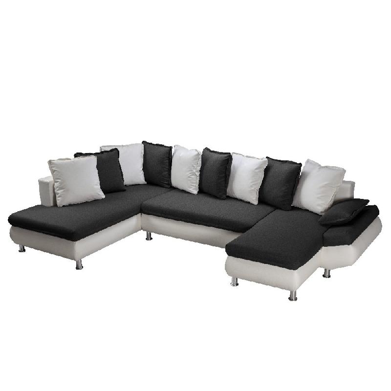Canapé d'angle convertible panoramique Hamilton - tissu Savana noir et PU blanc avec méridienne gauche et chaise longue droite_1