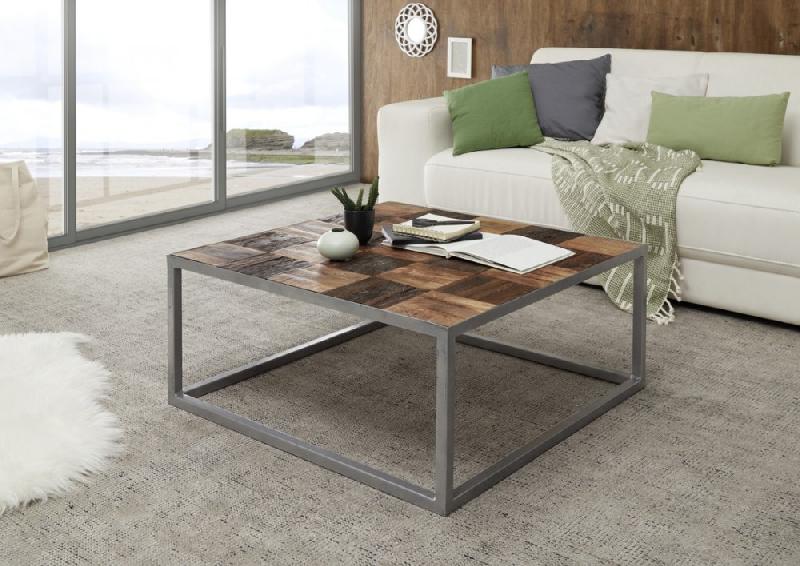 Table basse Broder 80x80 cm - Métal laqué silver et plateau en manguier massif_1