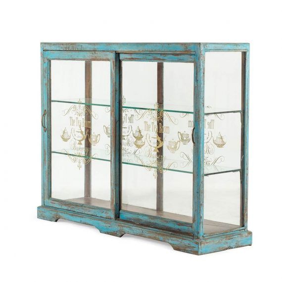 Meuble présentoir - Francisco Segarra - vitrine bleue antique avec sérigraphie - 128x37xH89cm_1