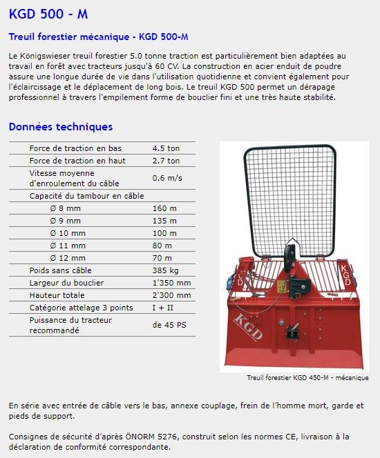 KGD 450 M - Treuil forestier Königswieser - 385 kg - traction 5 tonnes pour tracteurs jusqu'à 60 CV_1