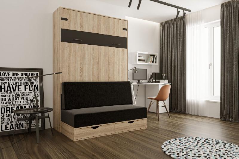 Lit escamotable style industriel KEY SOFA - 140x200 cm - Chêne naturel - Canapé 2 places avec tiroirs - Anthracite_1