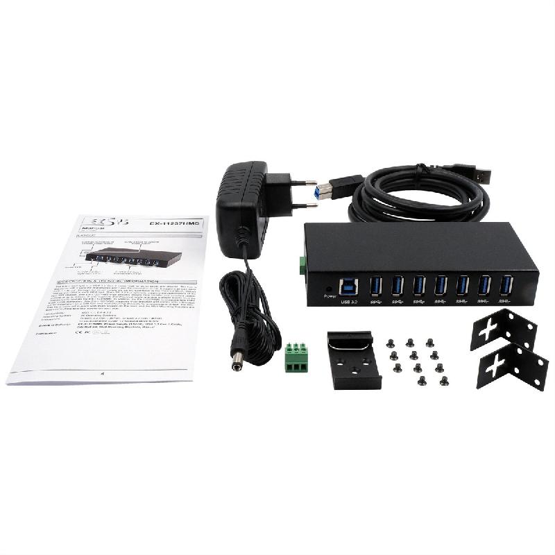 EXSYS EX-11237HMS-2 Hub 7 ports métallique , USB 3.2 Gen 1, kit rail DIN_1