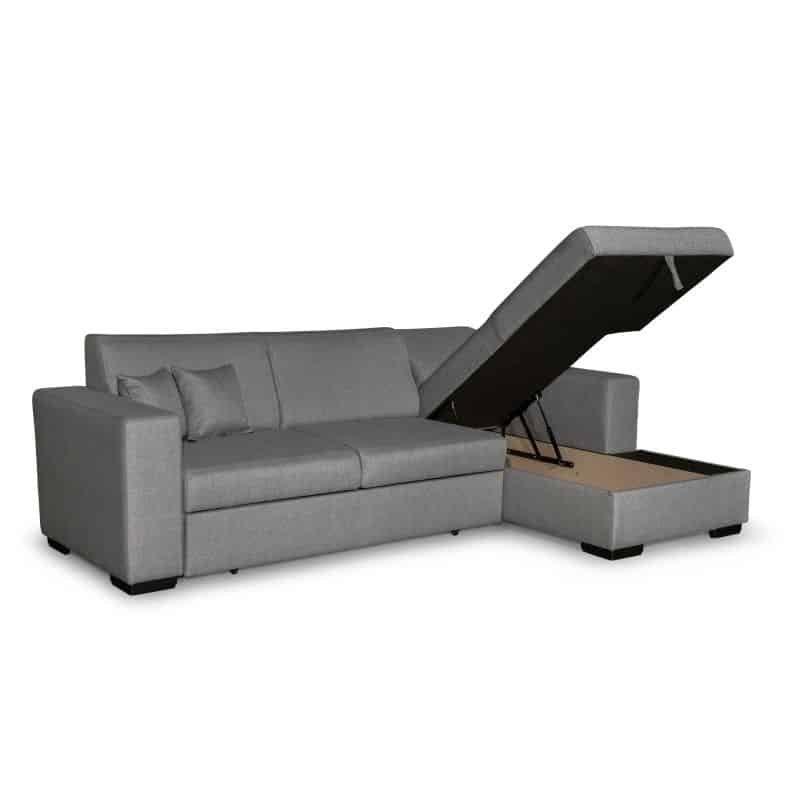 Canapé d'angle à droite convertible CABIRI gris clair avec coffre de rangement et coussins inclus_1