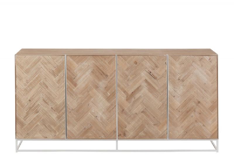 Buffet Mounie 4 portes - Motifs chevron naturel clair - Pieds métal blanc - Style industriel_1