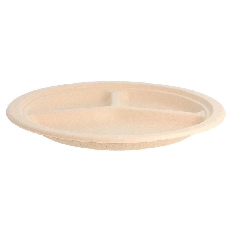 Assiette 3 compartiments bagasse naturel Ø26x2,6cm - par 800_1