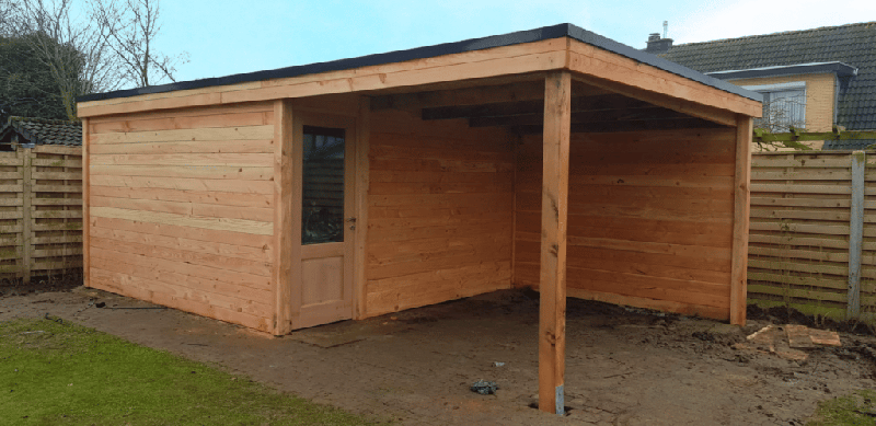 Carport avec abri de jardin - Structure en bois français, épaisseur 48 mm, avancée de 3 m_1