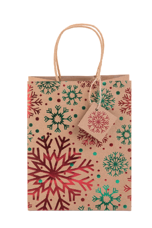 Sac cadeau Noël - Petit format en papier kraft recyclé avec motif estampillé, poignées rondes et étiquette cadeau_1
