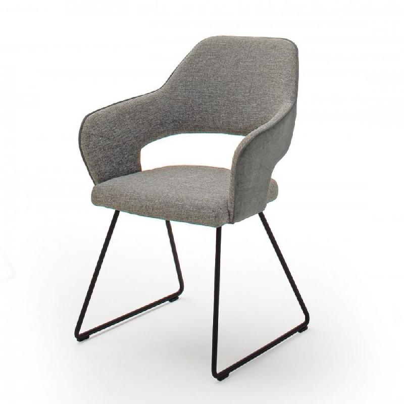 Lot de 2 chaises design NABAS - Tissu gris bimatière - Pieds traîneau en acier laqué anthracite_1