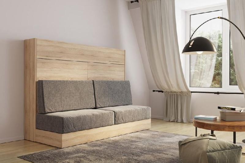 Armoire-lit escamotable VERTIGO SOFA - Chêne naturel - Canapé gris 4 coussins - Couchage 160x200 cm avec sommier à lattes_1