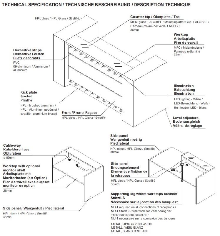 Bureau d'accueil lumineux Valde avec rangements intégrées - MDD - Blanc brillant, Gauche, 191_1