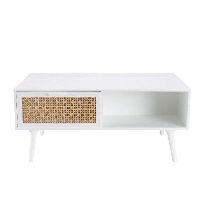 Table basse ANDROS blanche - cannage naturel, 2 tiroirs et 1 niche_1