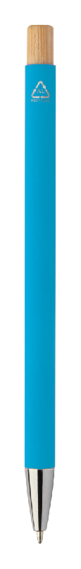 Stylo à bille en aluminium recyclé - finition caoutchoutée, bouton bambou et détails chromés - encre bleue_1