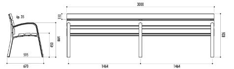 Banc public Modo - 300 cm - 6 lames en bois exotique - Piétement en fonte ductile - Visserie en acier zingué_1