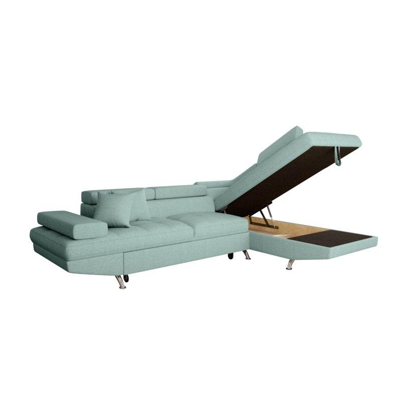 Canapé d'angle droit convertible RINO - bleu clair avec coffre de rangement et têtières réglables_1