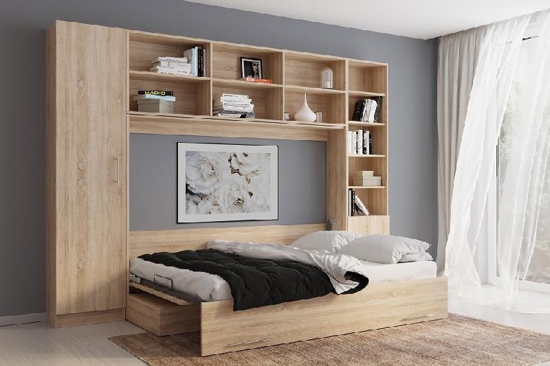 Composition lit escamotable VERTIGO SOFA - Chêne naturel, canapé gris, couchage 140x200 cm - Largeur 311 cm_1