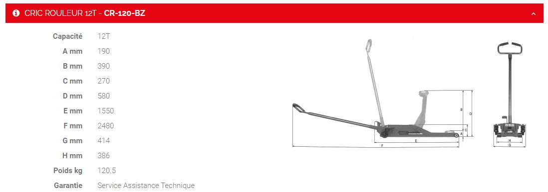 Cr-120-bz - Crics rouleurs 12T - Sam Outillage avec protection caoutchouc et norme CE EN 1494_1