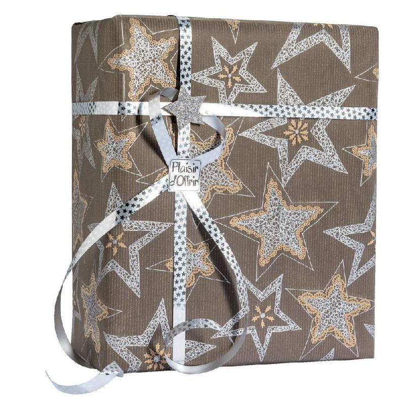 Papier cadeau kraft chocolat avec étoiles argentées - 0.70x250m - recyclable et chic_1
