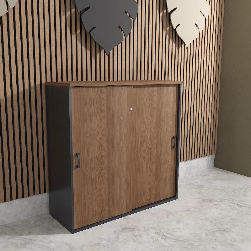 Armoire mi-haute à portes coulissantes - Mobel Linea - 120, Gris anthracite, Acacia foncé_1