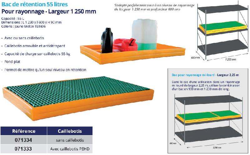 Bac de rétention pour rayonnage PE 1230x600x90 Jaune + Caillebotis Plastique - 55L_1