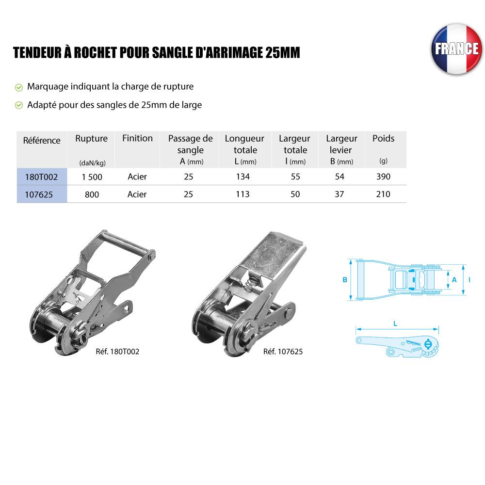 Tendeur d'arrimage - Berra MS - à rochet en acier pour sangles de 25mm - ARSATA25 - ruptures de 800 à 1500 daN/kg_1