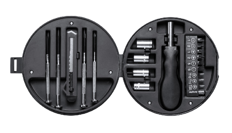 Set d'outils - 20 pièces dans un étui en plastique en forme de roue de voiture - couleur noire_1