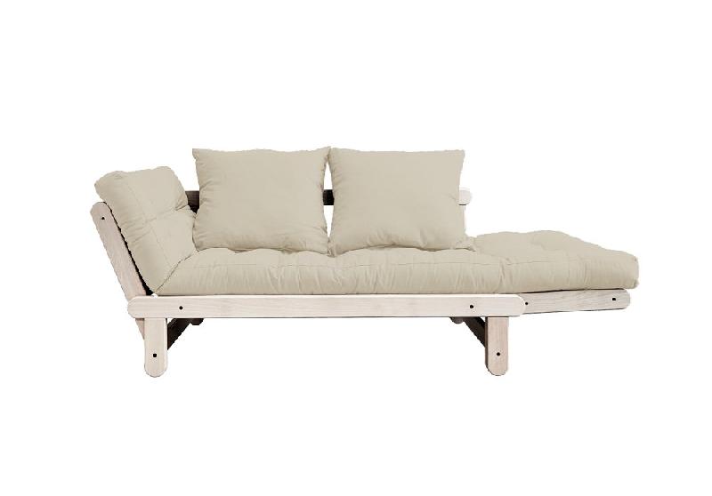 Banquette méridienne futon BEAT en pin naturel - tissu beige - couchage 75x200 cm - convertible et modulable_1