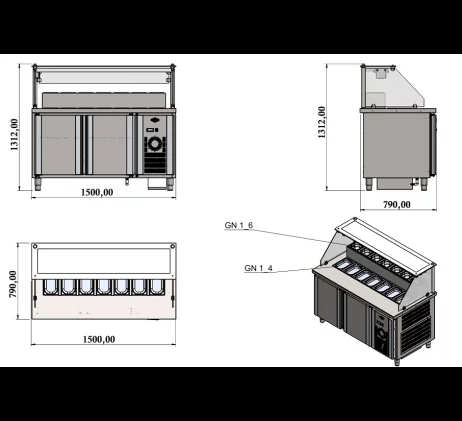 Vitrine de présentation - 1500 mm (refroidissement par ventilateur) Avec espace pompe à sauce - Référence : MCF.BSS.40.SOS_1