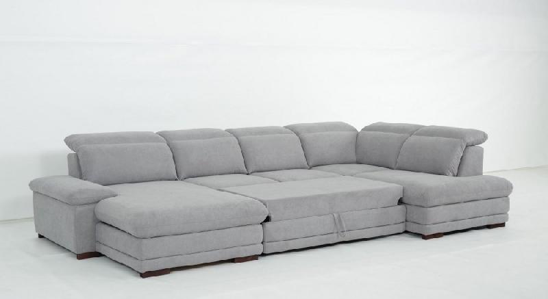 Canapé d'angle gauche convertible panoramique Marcus - tissu gris clair - méridienne avec coffre, têtières réglables et lit gigogne 265x126 cm_1