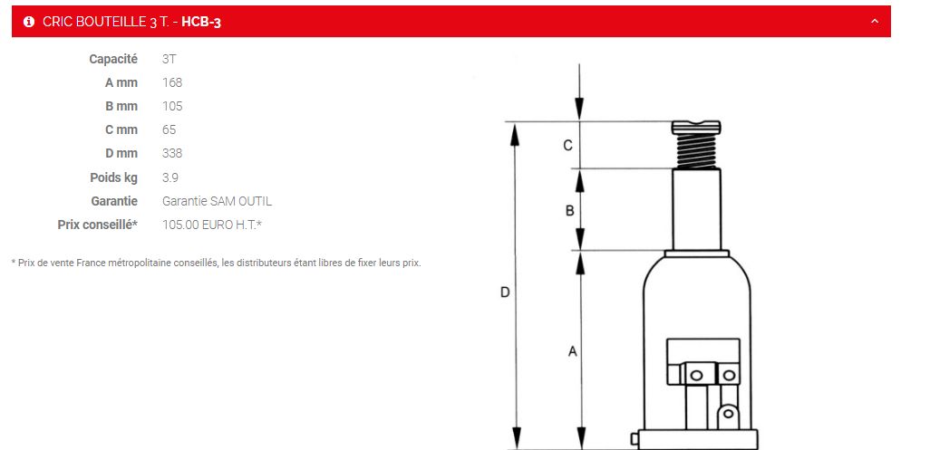 HBC-3 - Cric bouteille Sam Outillage - Capacité 3T - Robuste avec soupape de sécurité_1