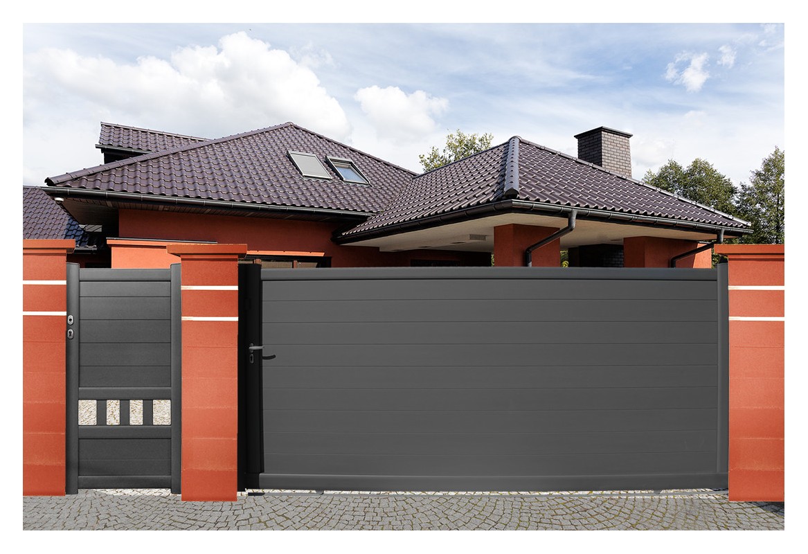 Portail coulissant à rail Melys - simple vantail, droit, plein, en aluminium - personnalisable avec 25 modèles_0