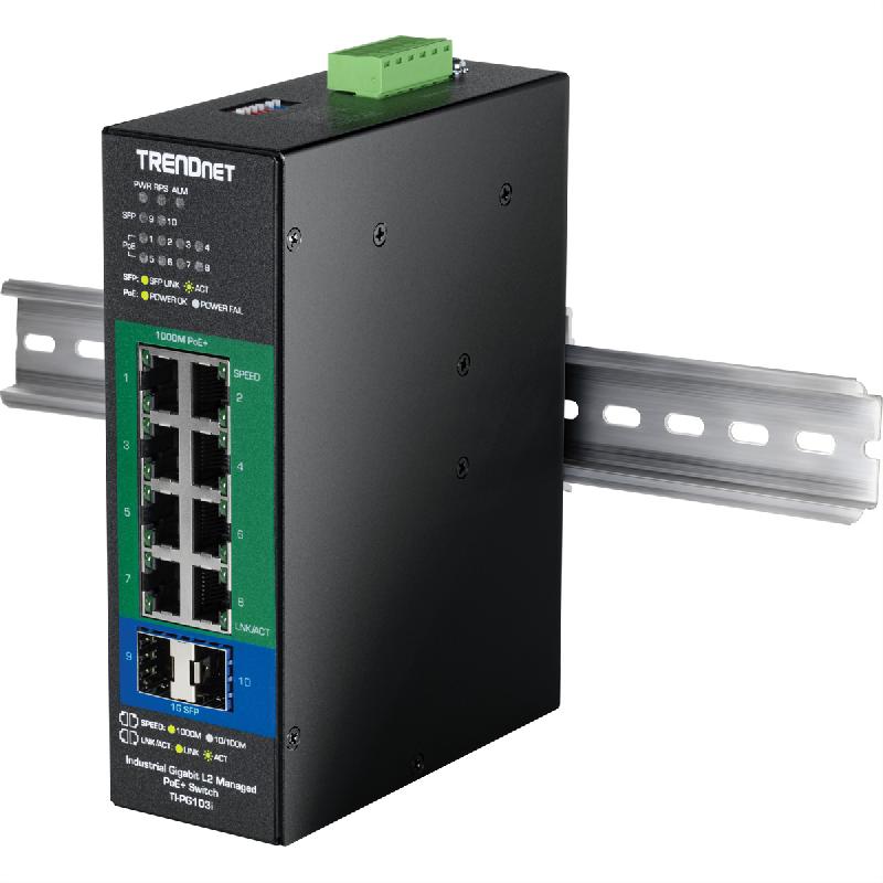 TRENDnet TI-PG103i Switch industriel Rail DIN administrable PoE+ Gigabit L2 à 10 ports, 24-57V_1