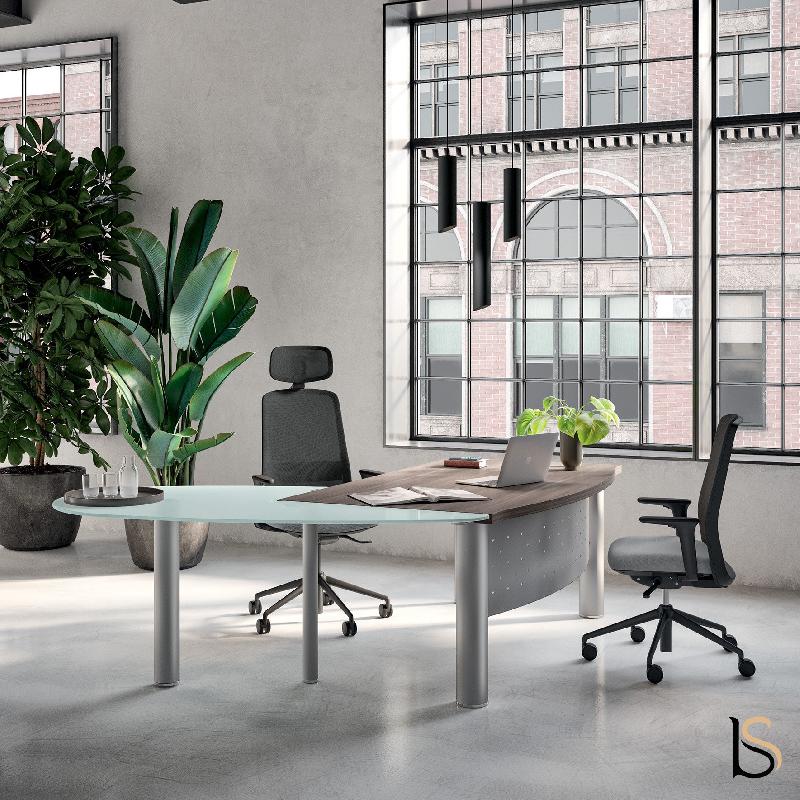 Bureau de direction X time Next avec retour convivialité en verre - Quadrifoglio - 219, Noyer canaletto, Droite_2