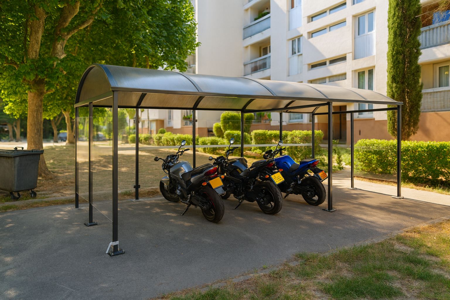 Abri vélos 10 mètres - modèle Vision - structure en tube carré et toiture polycarbonate_1