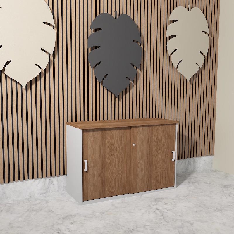 Armoire basse à portes coulissantes Mobel Linea. - 120, Gris aluminium, Acacia foncé_1