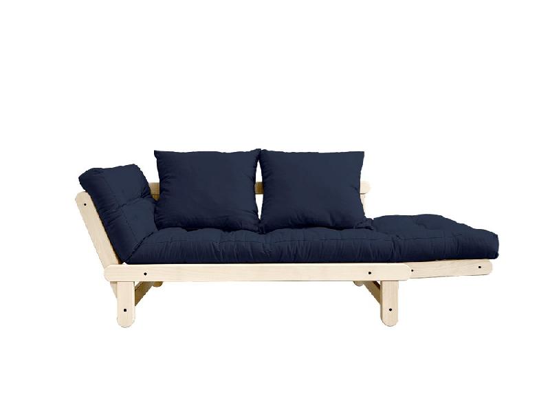 Banquette méridienne futon BEAT - Pin naturel - Tissu coloris marine - Couchage 75 x 200 cm - Convertible_1