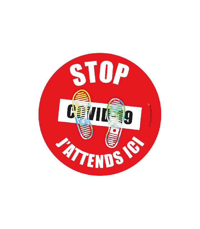 Adhésif à coller au sol - STOP J'ATTENDS ICI - Lot de 5 - Référence : PRO301X5_1