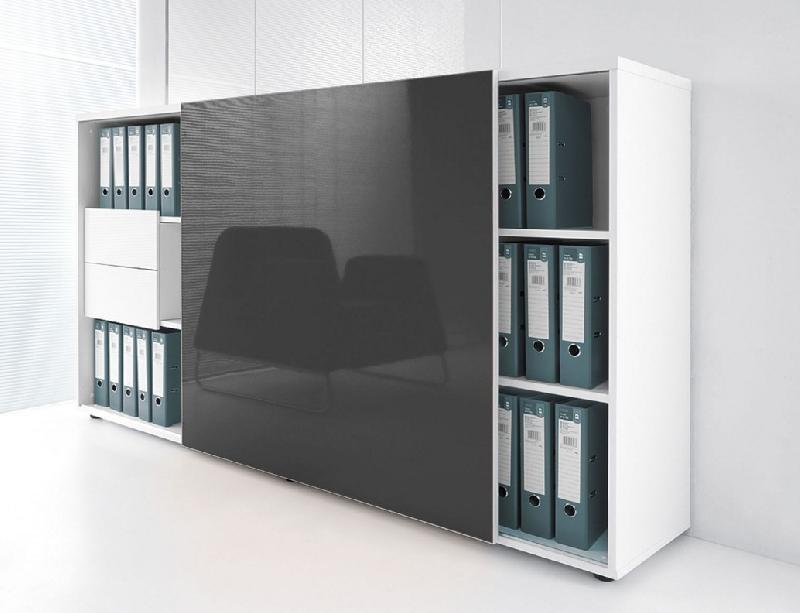Armoire de bureau avec porte coulissante brillante - MDD - Gris aluminium, Gris anthracite brillant_1