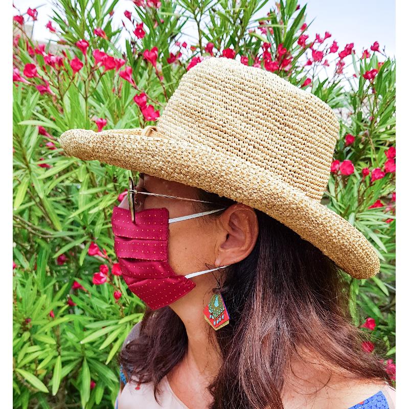 Masque lavable en soie imprimée mini pois doublé coton - bordeaux - Made in France_1