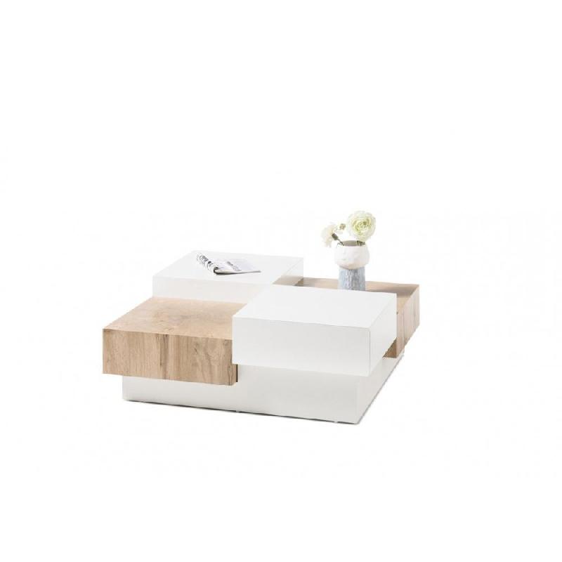 Table basse PIXBO - Laquée blanc mat et décor chêne - 2 tiroirs - Design original_1