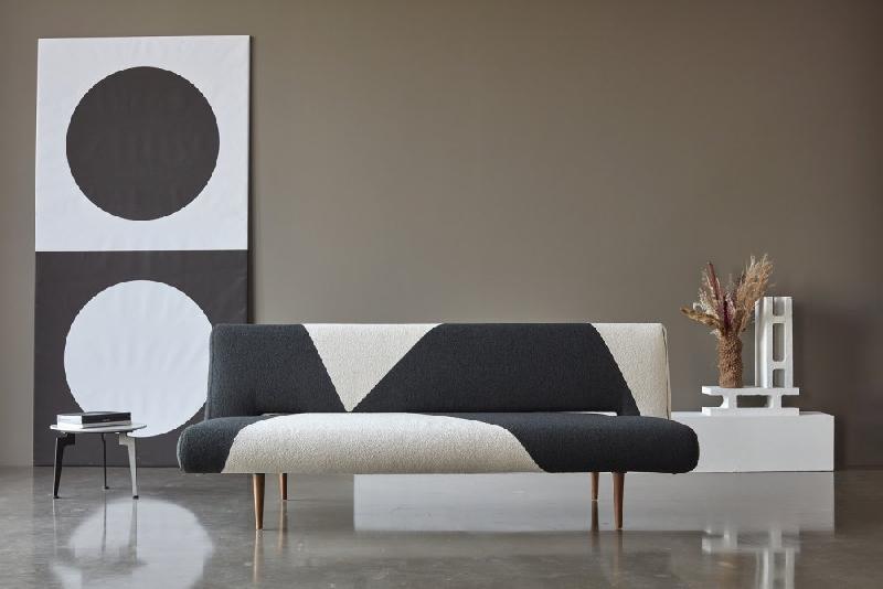 Innovation Living - Canapé lit design Unfurl convertible 200x120 cm - Tissu bouclé Black Raven & Off White_1