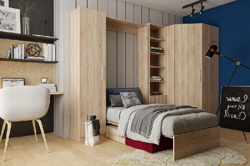 Composition angle lit escamotable Dynamo Sofa - chêne naturel, canapé rouge intégré, 90x200 cm - 301x100 cm_1